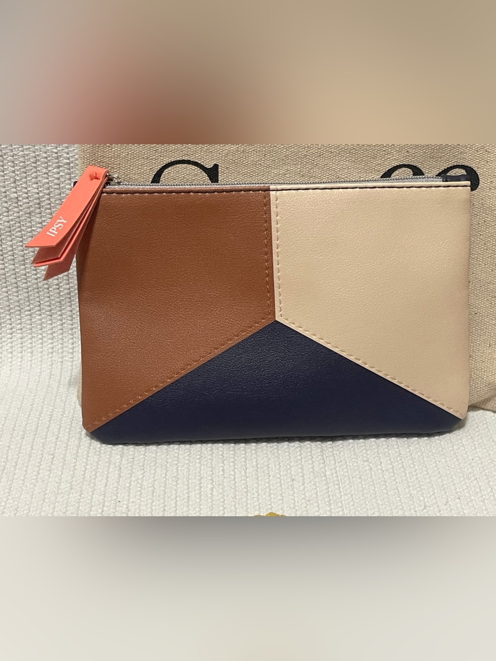 ipsy Tri-Panel Colorblock Mini Pouch in Navy, Brown, Cream